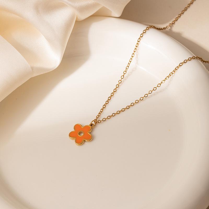 Elegant Titanium Steel Pink Cherry Blossom Necklace with Colorful Drip Glaze Rose Flower, Versatile Women's Clavicle Chain
