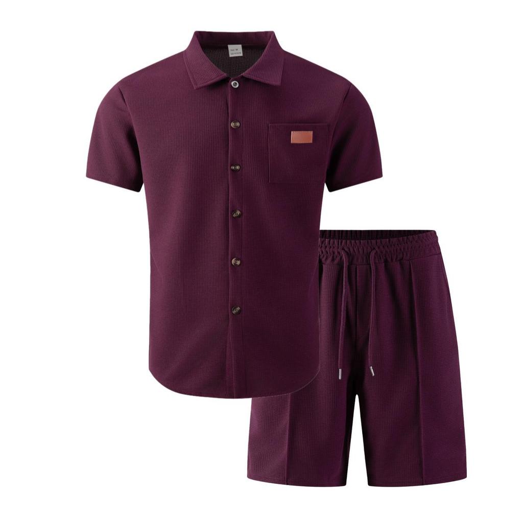 2026 Men's European-American Casual Waffle Texture Summer Set: Solid Color Lapel Short Sleeve Shirt & Shorts