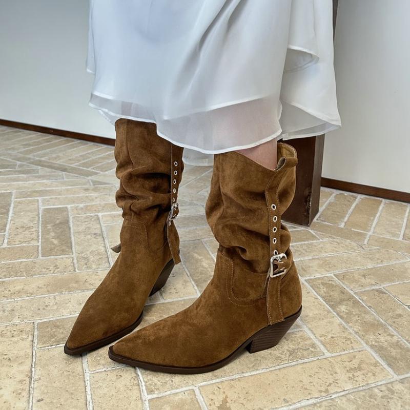 2026 New Autumn Pointed Toe Women Western Cowboy Boots Fashion Banquet Party Square Heels Knight Booties Shoes