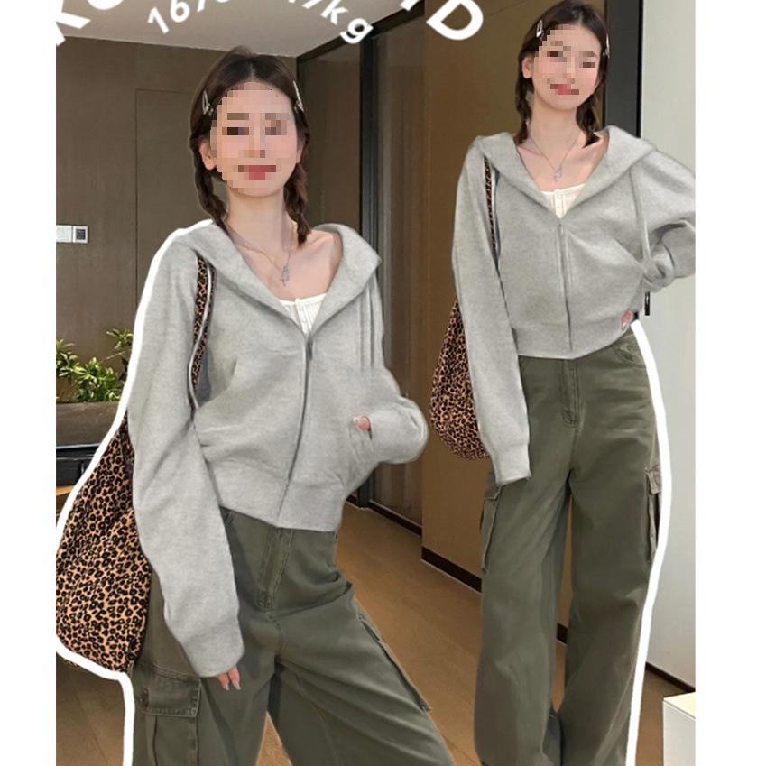 Women's Grey Hooded Sweatshirt - Casual, Slimming, Versatile Early Autumn Style