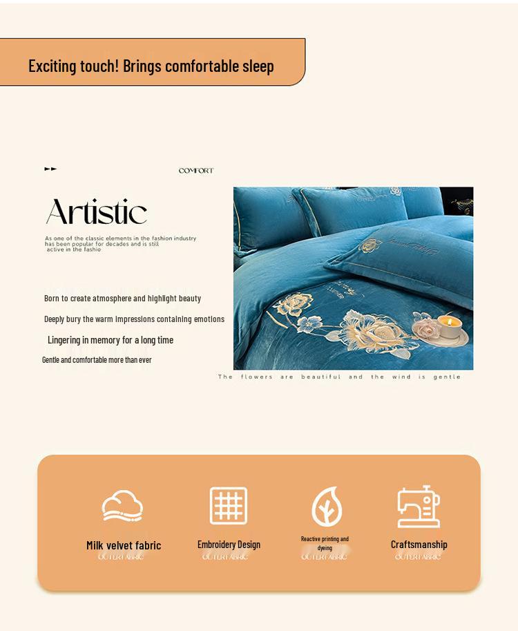 Winter Warm Milk Velvet Embroidered Four-Piece Anti-Static Double-Sided Fleece Bedding Set