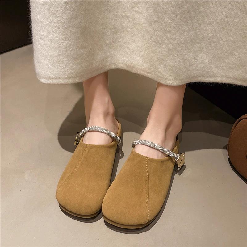 Women's Mules Flat Sole Solid Cover Toe Rhinestones Slippers Women Dress Metal Decoration Concise Outdoor Zapatillas De Mujer