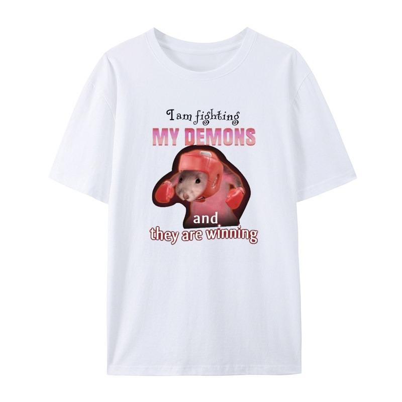 Interesting Me Fighting Against My Demon and Winning The Mouse Meme White Casual Tshirt Mens and Womens Luxury Brand Top