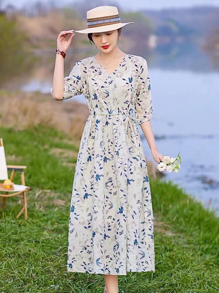 Printed ramie dress 2025 summer new foreign style cotton and linen floral V-neck short-sleeved skirt women