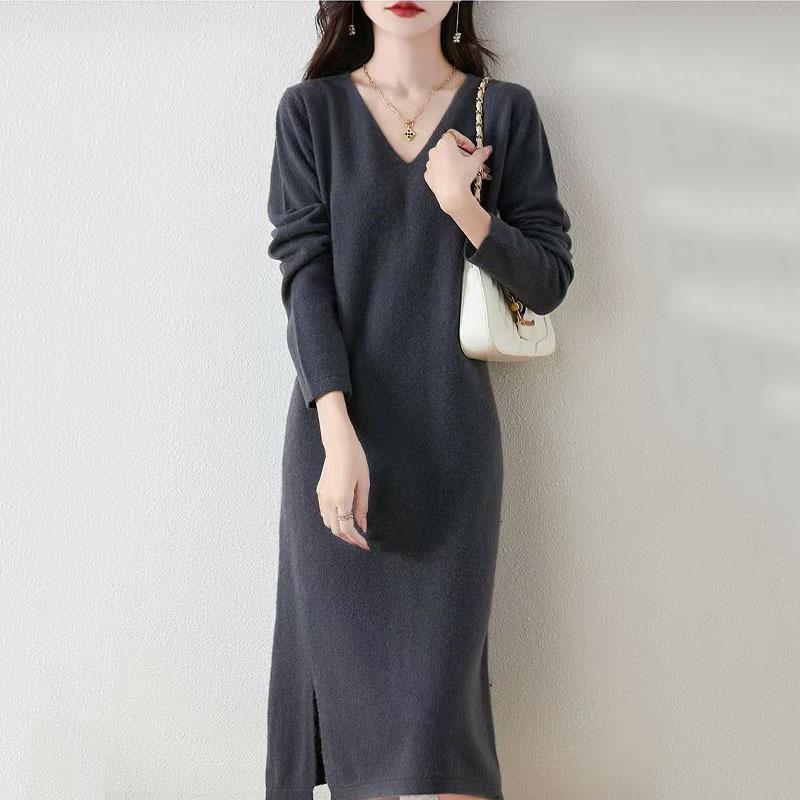 2025 Herbst/Winter Damen Woll V-Ausschnitt Knielanges Pulloverkleid mit Schlitz