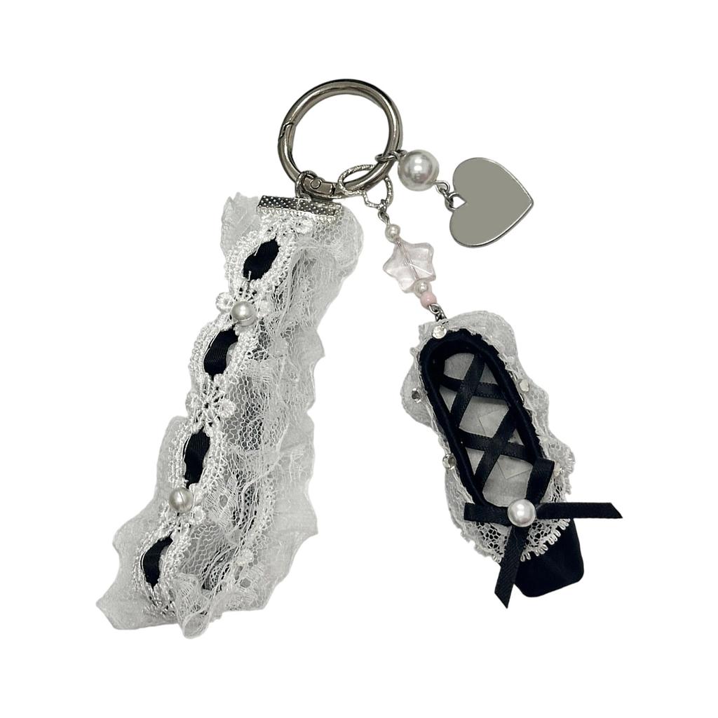 Charm Ballet Flat Key Holder Crystals Embellished Lace Ribbon Jewelry Purse Charm