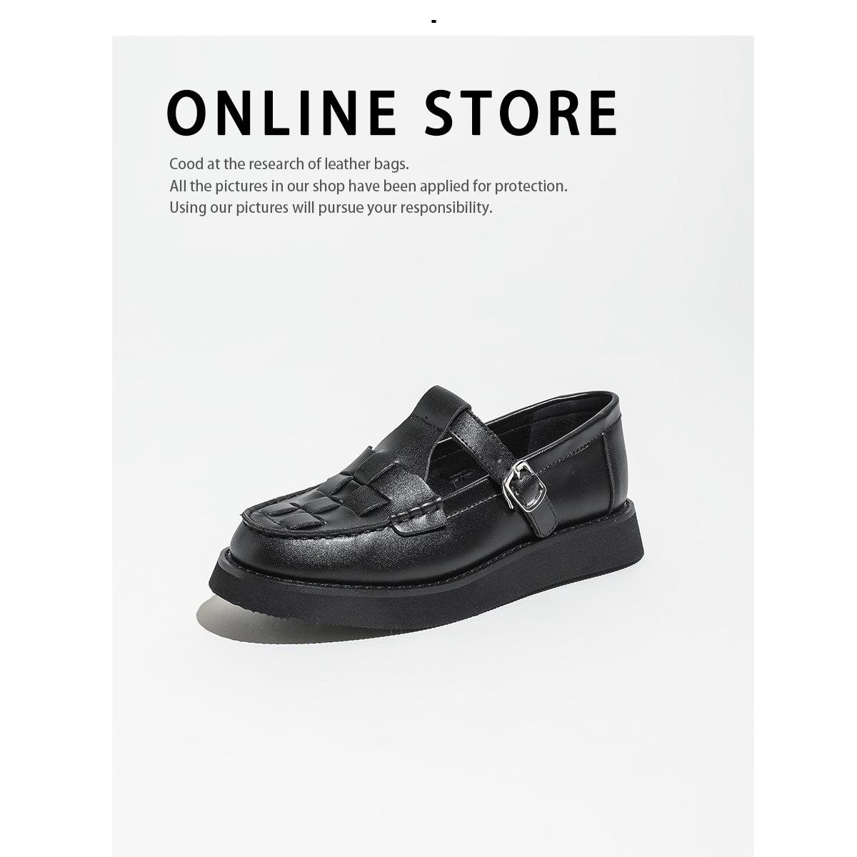 

Leather Deep Mouth Single Shoes Women s Spring New Belt Buckle Braided Thick-soled Love Wo Wo Mary Jane Shoes Rubber Soles 39 чёрный