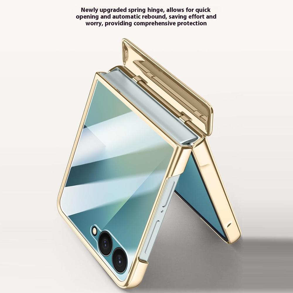 För Samsung Galaxy Z Flip7 5G Skal Gångjärnsskydd Läder+PC Elektropläterat Telefonskal med HD Bakre Liten Skärmskydd