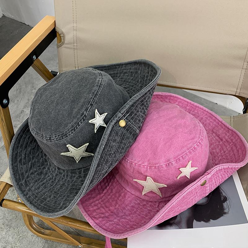 Punk Star Wide Brim Cowboy Hat For Women Girl Soft Cotton Fordable Sunshade Fisherman Cap Outdoor Fishing Climbing Denim Hats