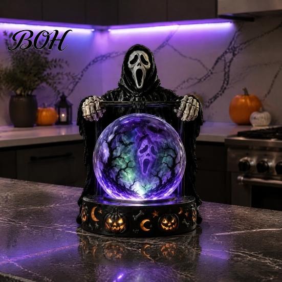 Samlarobjekt i vintagestil med LED-ljus, Halloween-dekor i falsk kristallkula, Hartsfigur av häxa/skelett/katt/spöke med läskig hemdekor