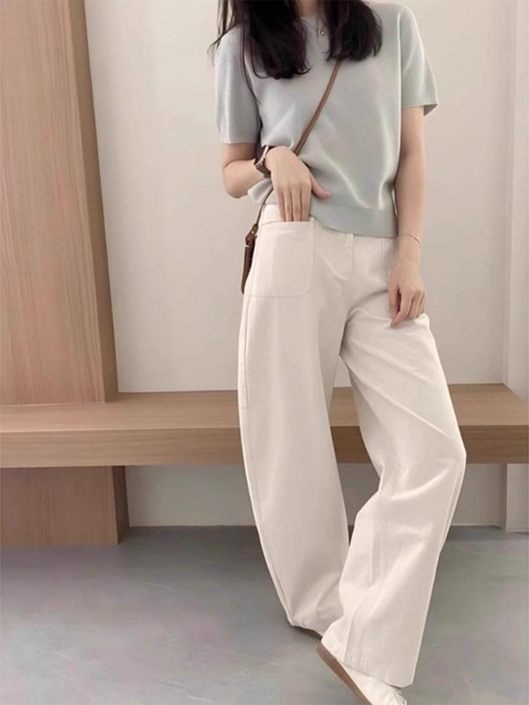 Plus Size Korean Style Casual Summer Outfit: Knit T-shirt & Wide Leg Pants Set for Women