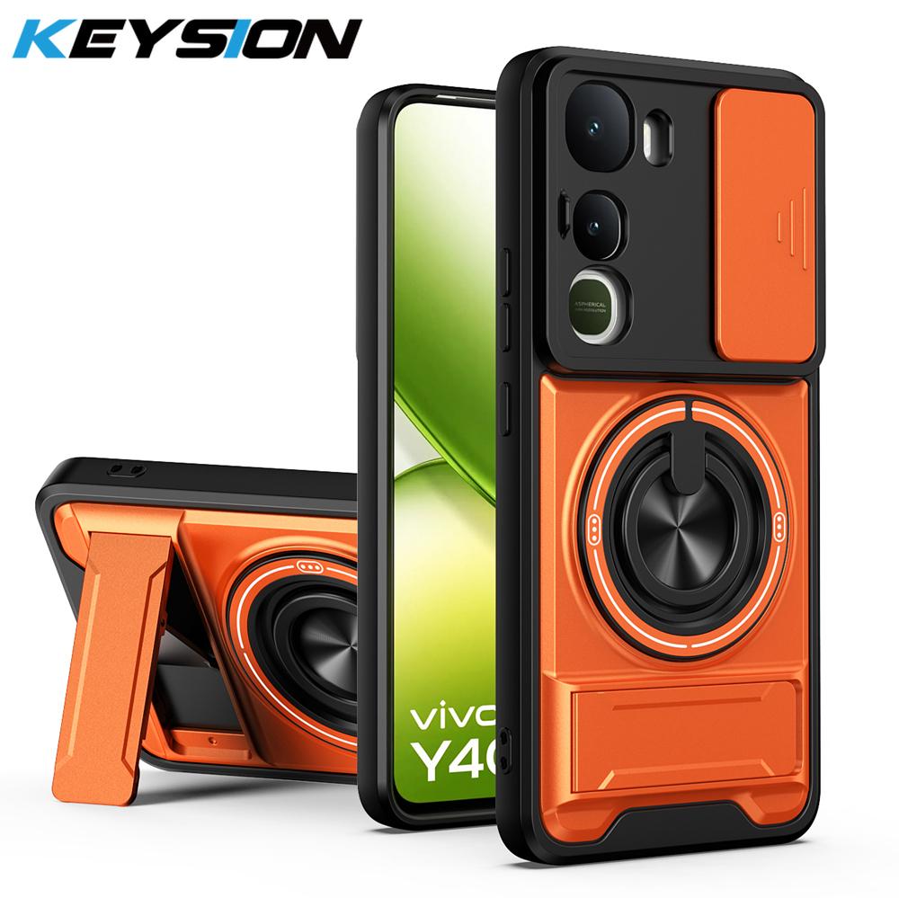KEYSION Magnetic Phone Case for IQOO Z10 Lite Slide Camera Protection Upright Kickstand Ring Shockproof Cover for IQOO Z10 Lite