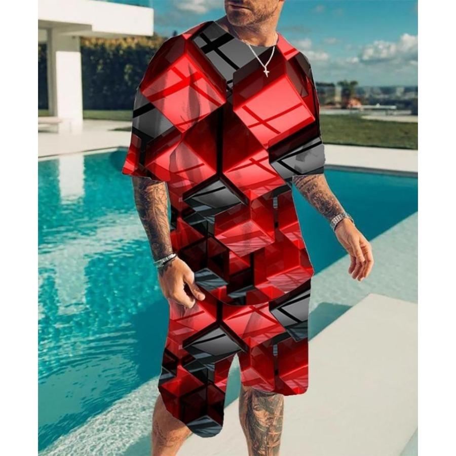 2024 New Men's Round Neck T-shirt Set Printing Optical Illusion Pattern T-shirt Two Piece Set Fashion Men's Summer T-shirt Set