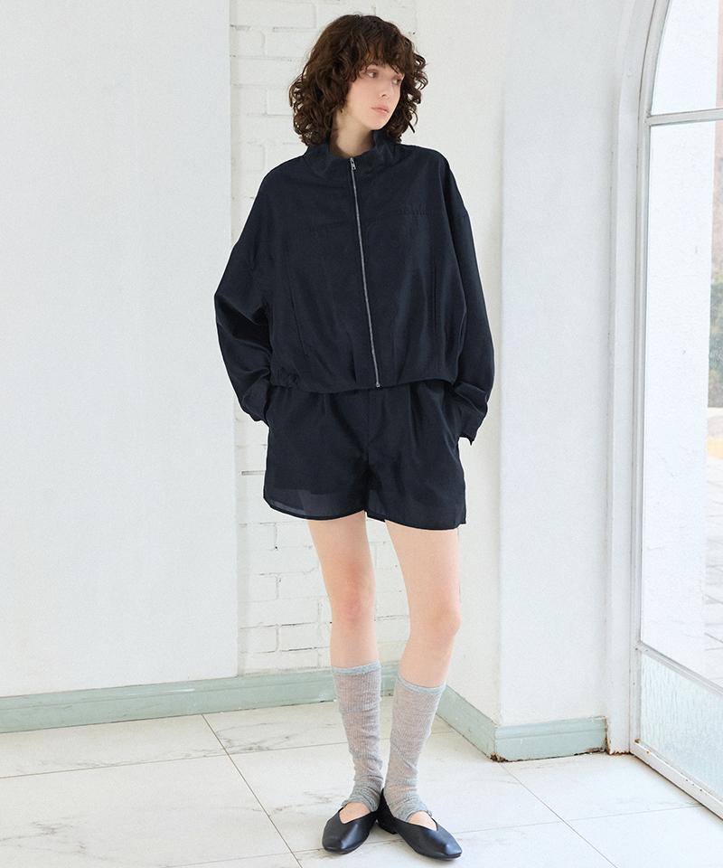 Leftseoul High-Neck Silky Satin Blouson [Dark Navy]