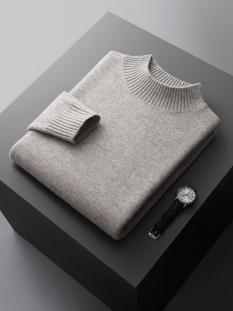 100% Pure Wool Men's Thick Half-High Collar Sweater, Business Fashion Knit Plus Size Sweater.