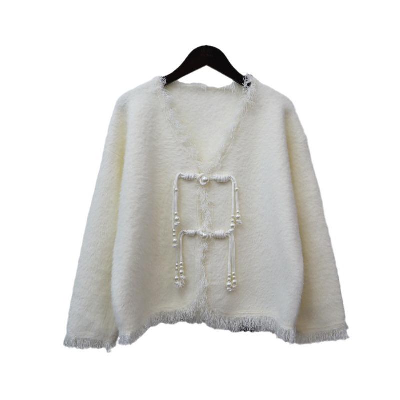 2025 autumn and winter new imitation mink velvet Chinese pearl disc buckle knitted cardigan small fragrant fringed sweater jacket tide