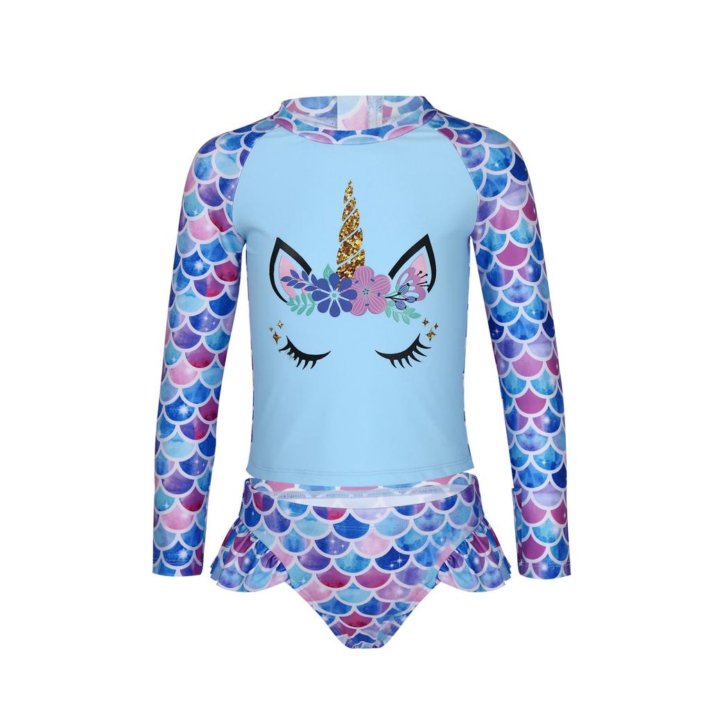 2-teiliges Kinder-Badeanzug-Set für Mädchen mit Fischschuppen-Aufdruck, Strand-Outfits, Tops und Slips mit Cartoon-Pferd-Aufdruck, Strandbadebekleidung, Badeanzüge