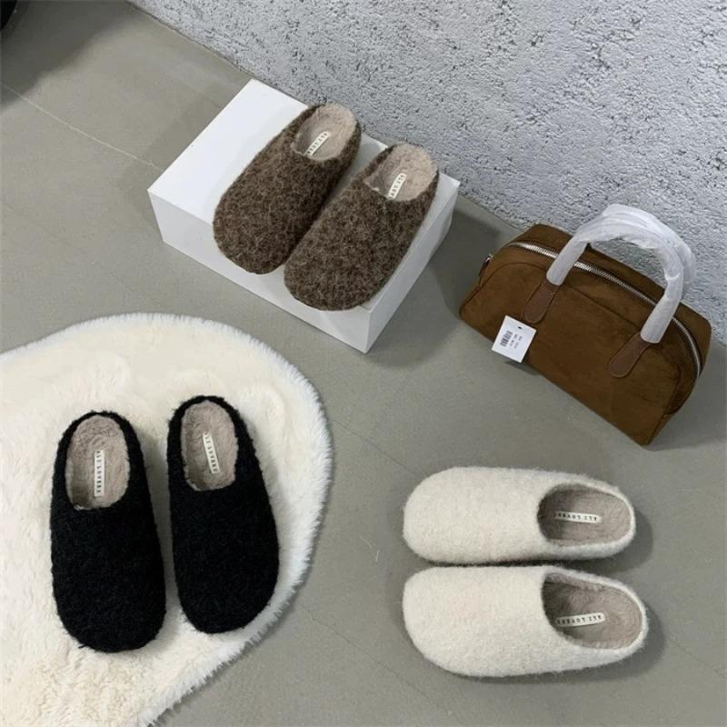 Women's Furry Slippers for Cozy Indoor Wear Plush Soft Home Floor Warm Simple Comfortable Furry Baotou Fur Flip Flops Sliders