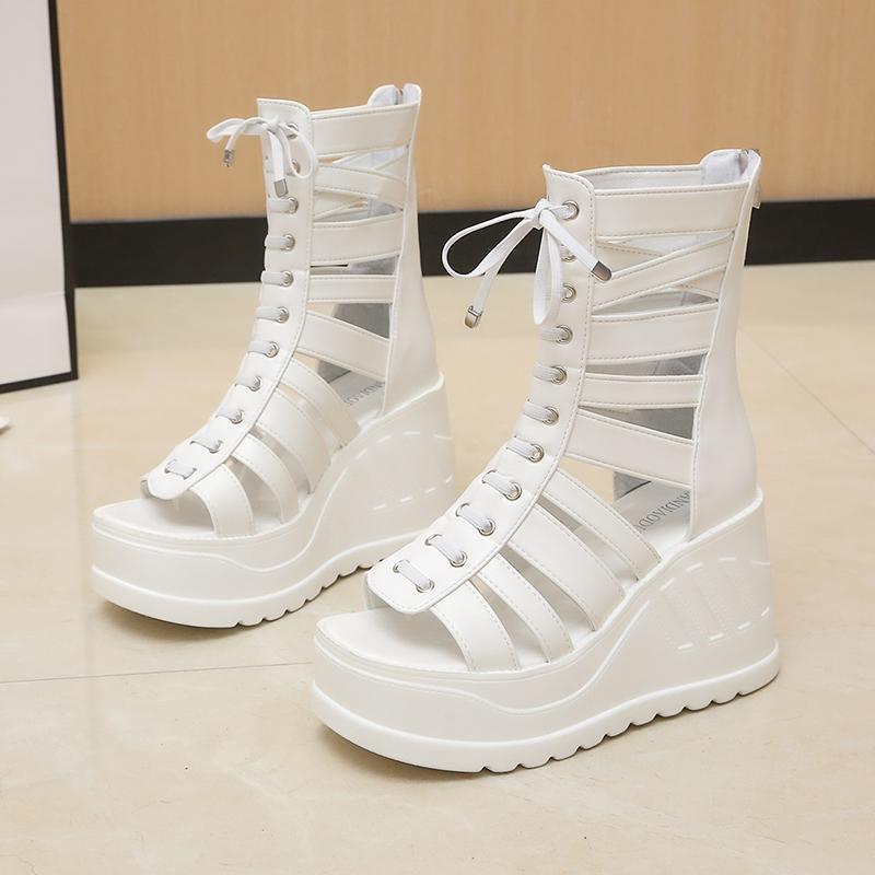 Fashion 2025 Korean Wedge Sandals Women's Summer New Fish Mouth Hollow Sandals Waterproof Platform 10cm Heightened Roman Sandals Boots