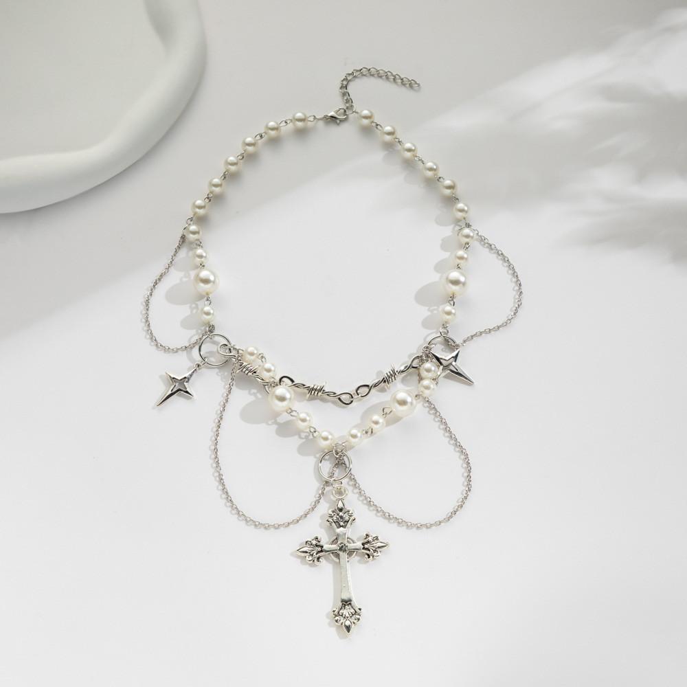 Multilayer Bohemian Trendy Necklace With Elegant Imitation Pearl Cross And Heart Pendants Women For