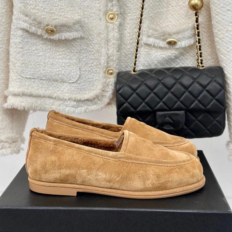 Buty zimowe Damskie Nowa Wełna Jednoczęściowe Damskie Mokasyny Niski Obcas Modne Casualowe Wsuwane Ciepłe Buty Damskie