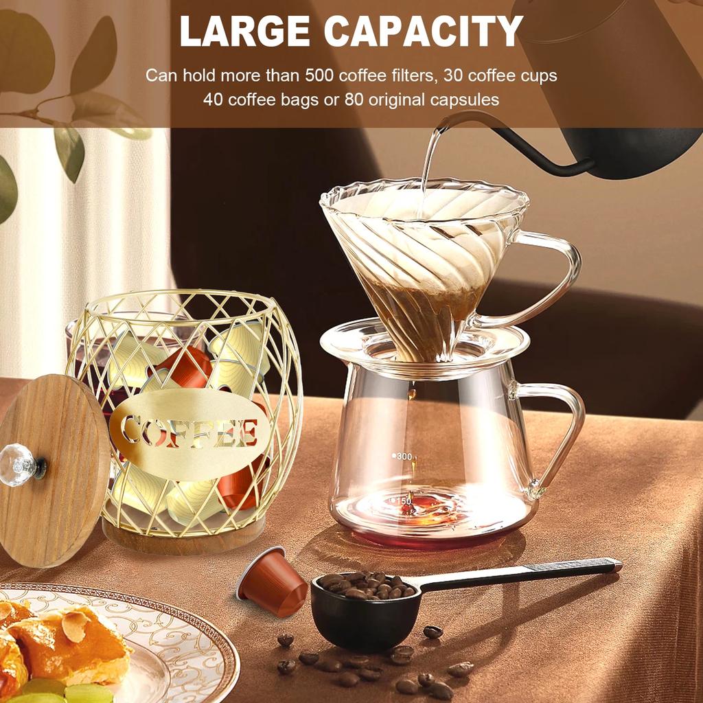 Coffee Pod Basket Holder Metal Coffee Pod Organizer with Dust Cover Hollow Design Large Capacity Kitchen Storage Basket