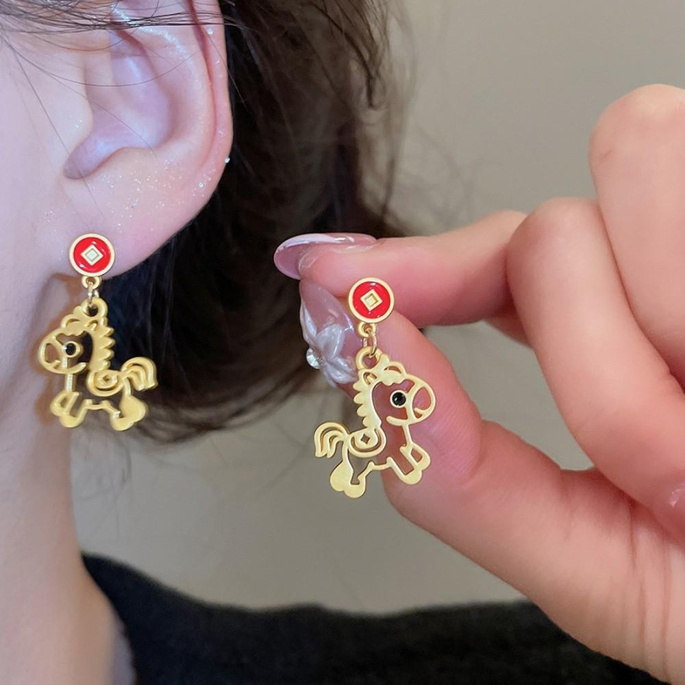Chinese Style Red Pony Earrings Cartoon Horse Horse Mascot Drop Earrings  Party