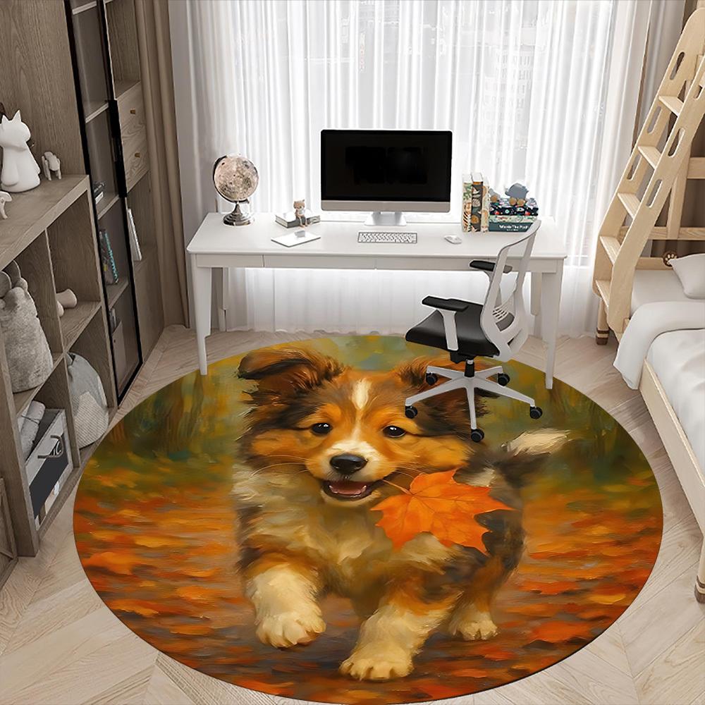 1PC Autumn Pup Office Round Area Rug, Mat Suitable ForOffice, Under Office Chairs Bedroom Living Room Home Decor, Room Deco