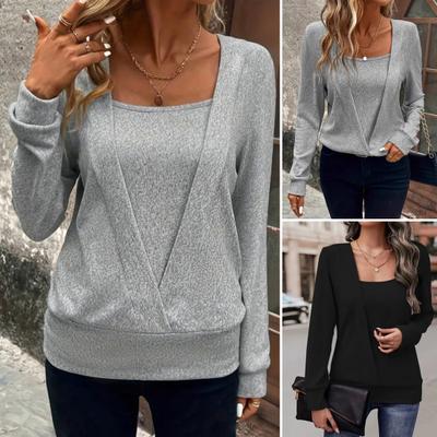 Women Blouse Square Collar Long Sleeve Fake Two-Piece Design Pullover Tops Solid Color Loose Fit Autumn T-shirt