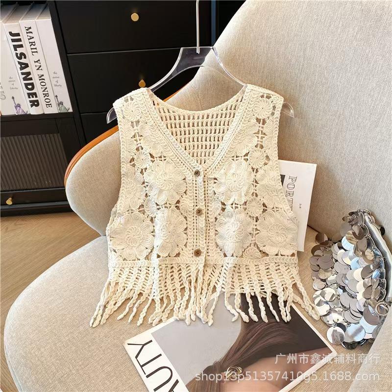 Summer Spice Girl Design Sense Crochet Hollow Suspender Women's Knitted Vest Vest Outside Sleeveless Blouse Top