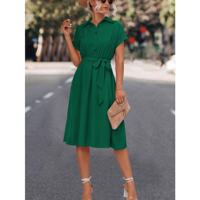 Sommer Kurzarm Casual Shirt Kleid Frauen Elegante Revers Lace Up A-linie Kleid Weibliche Button Up Fashion Party Lose Lange kleider Kleidung 805