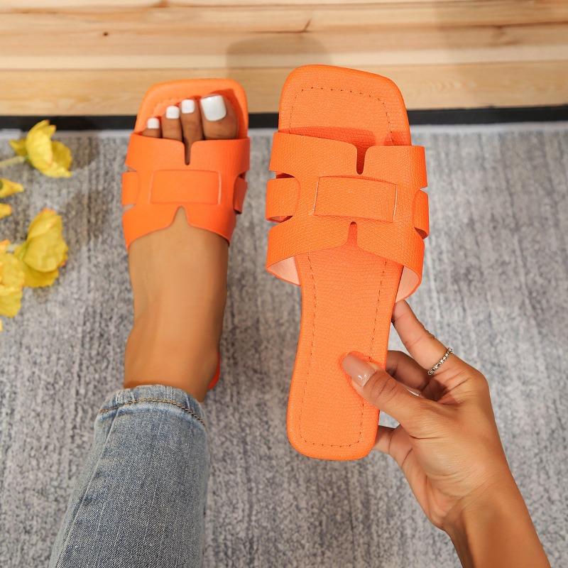 Women Solid Sandals 2025 New Lightweight Square Open Toe Slip on Shoes Casual Beach Flat Slippers Women Slides Women