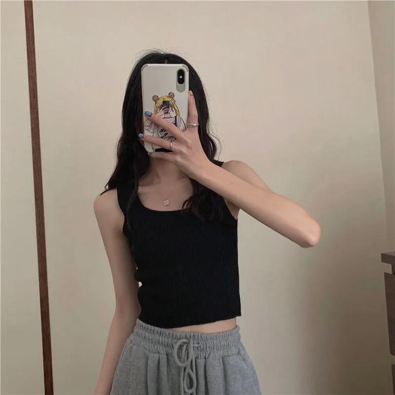 Ladies Casual Basic Rib Knit Cropped Top Summer Sleeveless Crew Neck Vest Bottoming Camisole Y2K Korean Fashion Streetwear