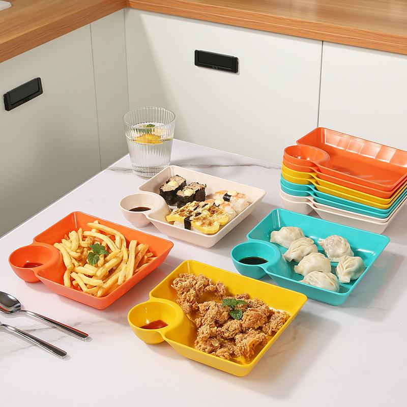 Plastic Dumpling Plates with Sauce Compartment Square Serving Plates with Sauce Holder Serving Platter Tray for Party Chips