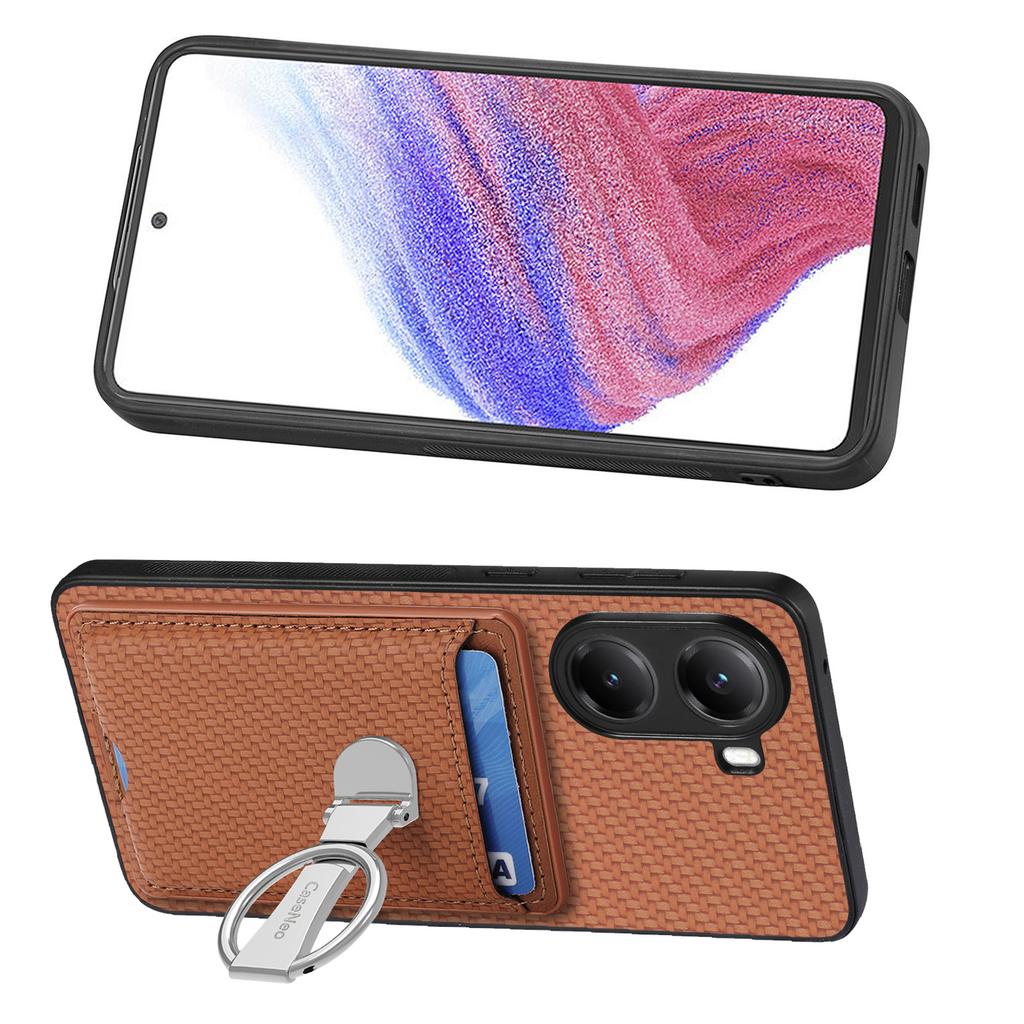 For Xiaomi Poco X7 Pro 5G/Xiaomi Redmi Turbo 4 5G Bakdeksel i skinn med støtte og kortlommer Karbonfibermønster