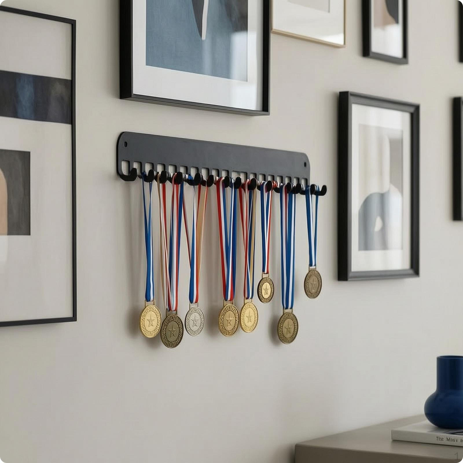 Achievement Display Rack Matte Black Hanger MultiHook for Athletes, Gymnasts, Simple gray