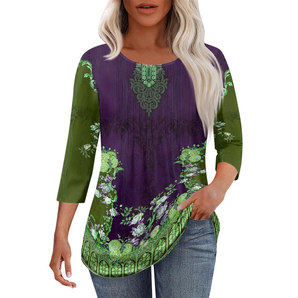 Women's Fashionable Casual Pleated Round Neck Casual Floral Print Seven Quarter Sleeved T-shirt Top