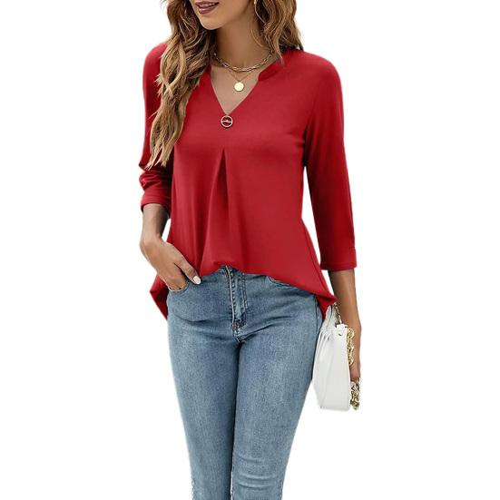 T-shirt da Donna Scollo a V Manica 3/4 Vestibilità Larga Traspirante T-shirt Colore Solido Pieghe Top di Media Lunghezza per Uso Quotidiano