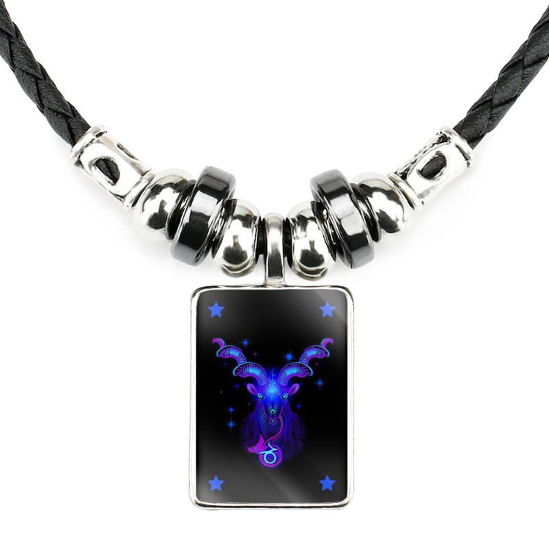 Unique Geometric Shape Zodiac Sign Pendant On Black Leather Rope Necklace