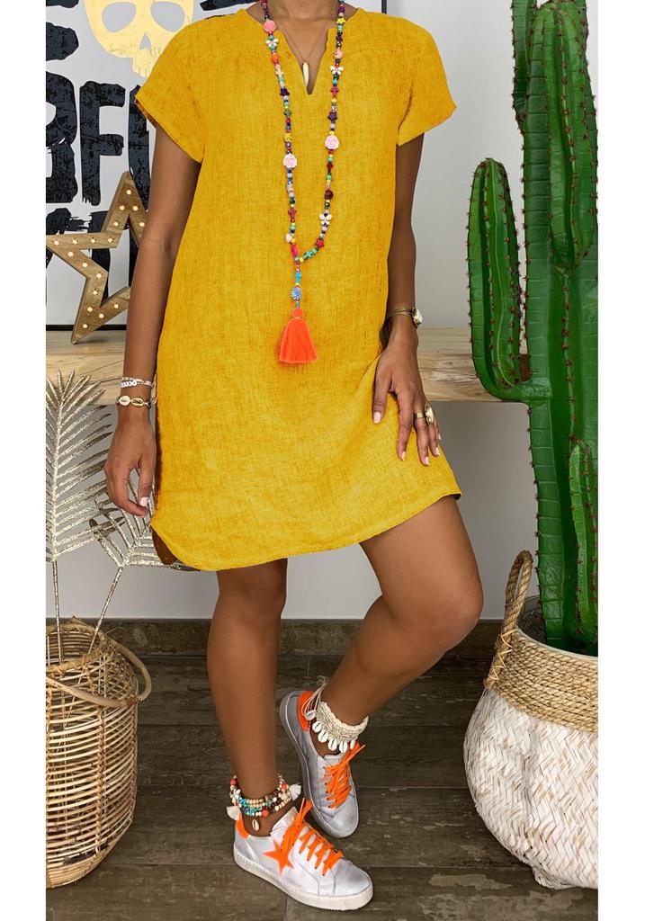 2025 Summer Solid Color V-Neck Cotton Linen Short Sleeve Dress for Women