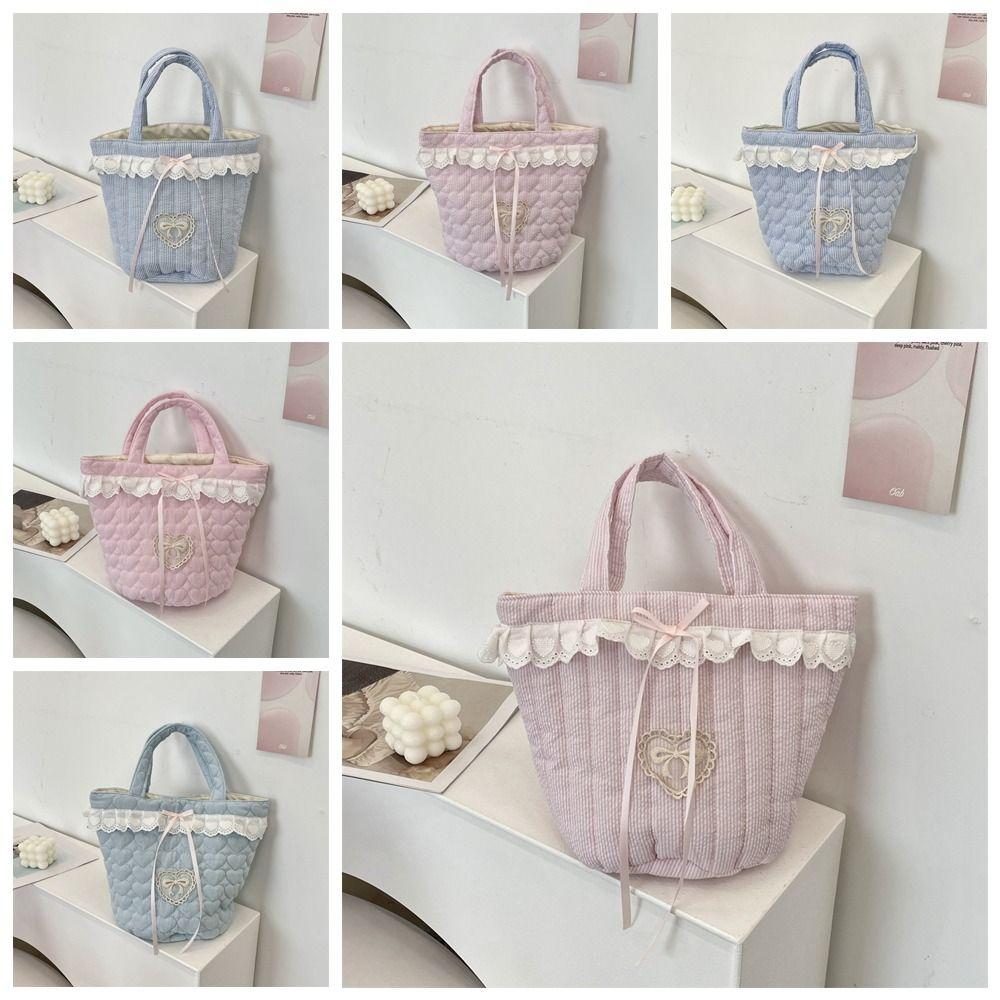 Sweet Bowknot Handbag Large Capacity Fresh Lace Lunch Bag Fashion Bucket Bag  Women