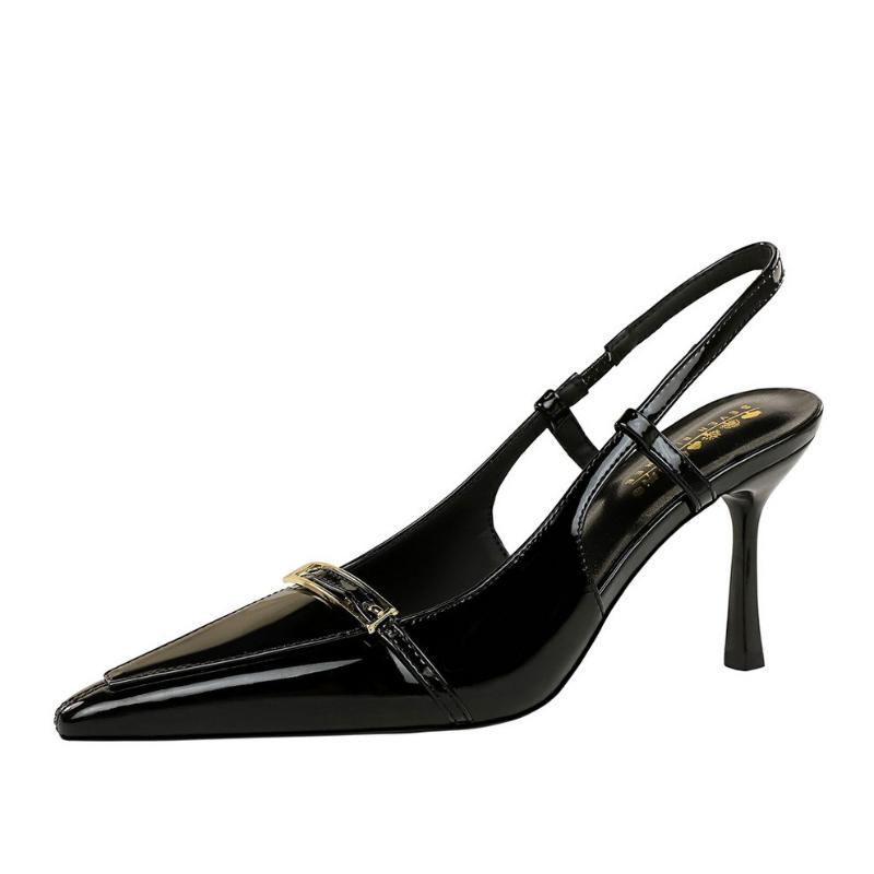 European Style Banquet Pointed Toe Stiletto Heels Patent Leather Metal Buckle Open Back Strap Vulcanized Shoes for Women