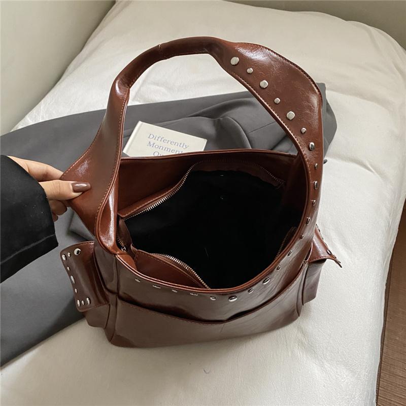 PU Hobo Bag Women's Fashion Shoulder Tote with Stud Detail Multiple Pockets Casual Everyday Handbag