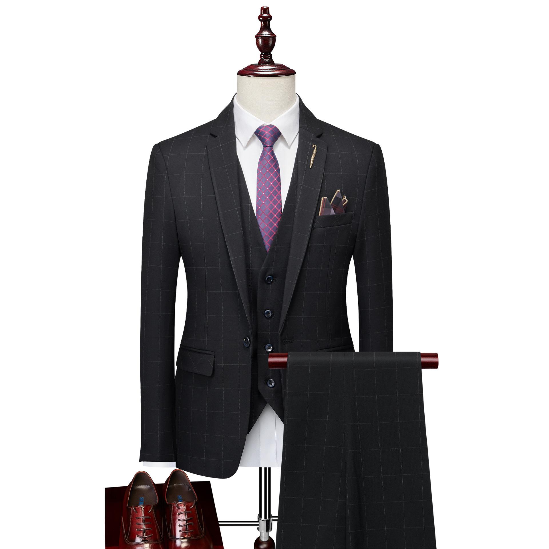 

Весенний новый мужской костюм, красивый клетчатый костюм, тройка, корейская версия, тонкий, изысканный, декоративный, банкетный костюм 3XL чёрный