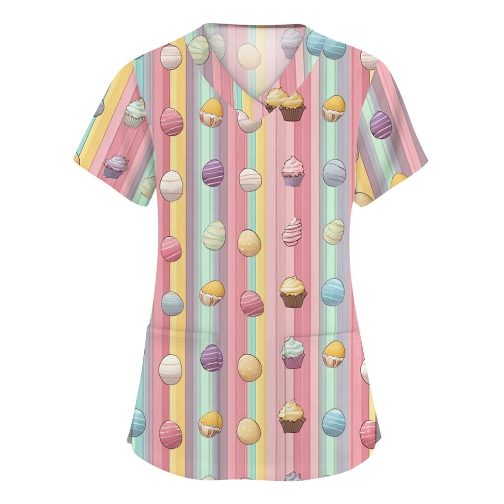 Moda damska Odzież robocza z dekoltem w serek i krótkimi rękawami z kieszeniami Topy z nadrukiem