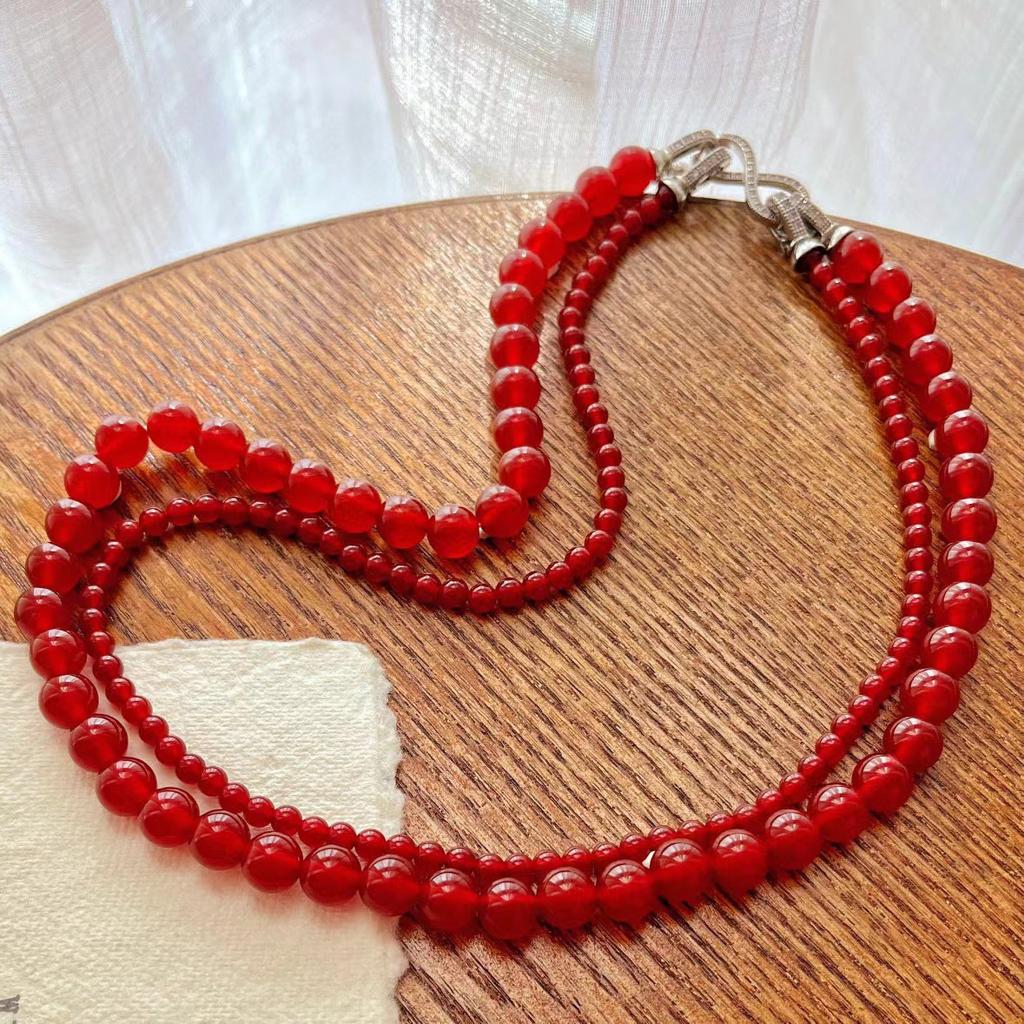 Retro Natural Agate Niche Pigeon Blood Red New Year'S Red Chalcedony Double-Layer Multi-Wearing Necklace
