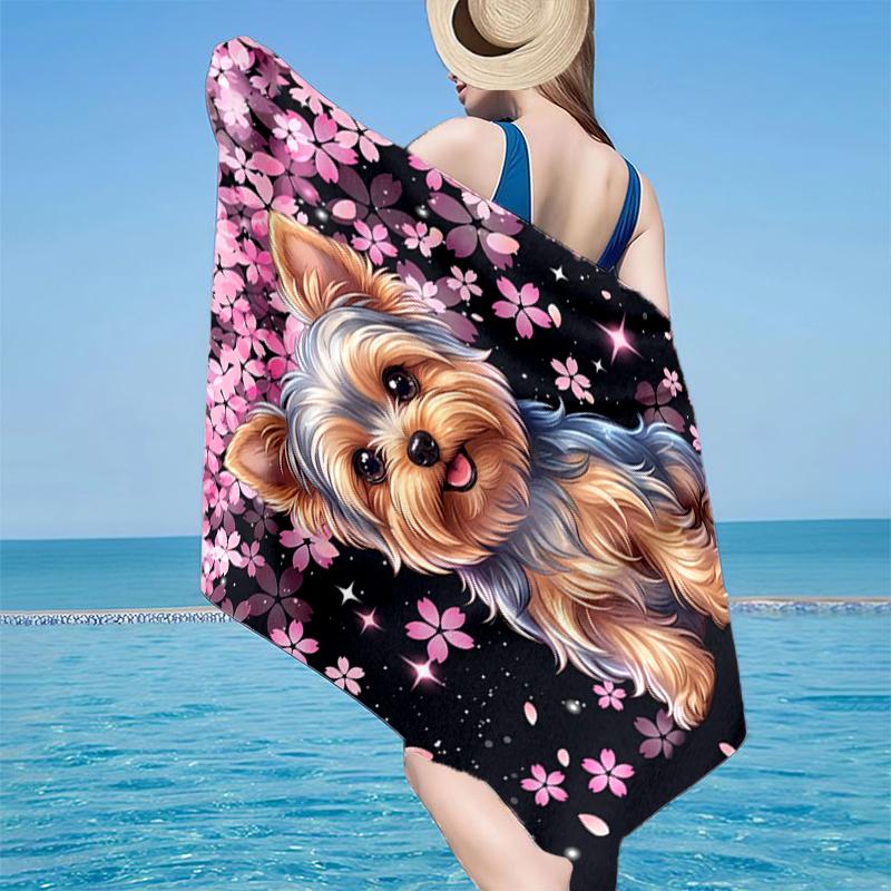 Cherry Blossom Yorkie Beach Towel, Super Soft Microfiber, Gift for Her/Him, Birthday, for Pool, Beach, Travel, Home Decor Fan Gifts