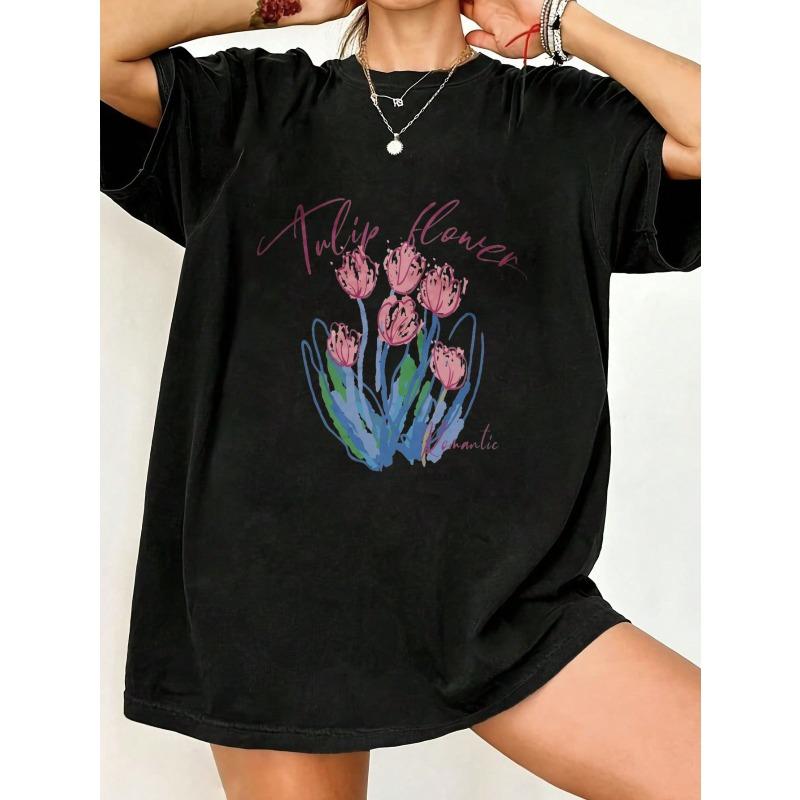 

Oversized T Shirt Black Tulip Flower Romantic Print Casual Wear For Women Summer Outfit Streetwear Fashion Top XXXXL