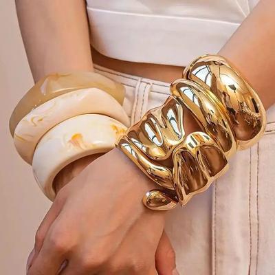 DIEZI 7 Style Exaggerated Hip Hop Gold Color Metal Cuff Bangles for Women Men Punk Geometric Round Bracelet Party Jewelry Set