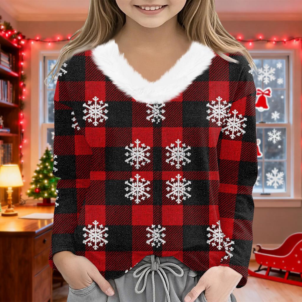 Christmas Day Girls Long Sleeve T Shirts Kids  Girls' V-Neck Tee Christmas Print Long Sleeve Top
